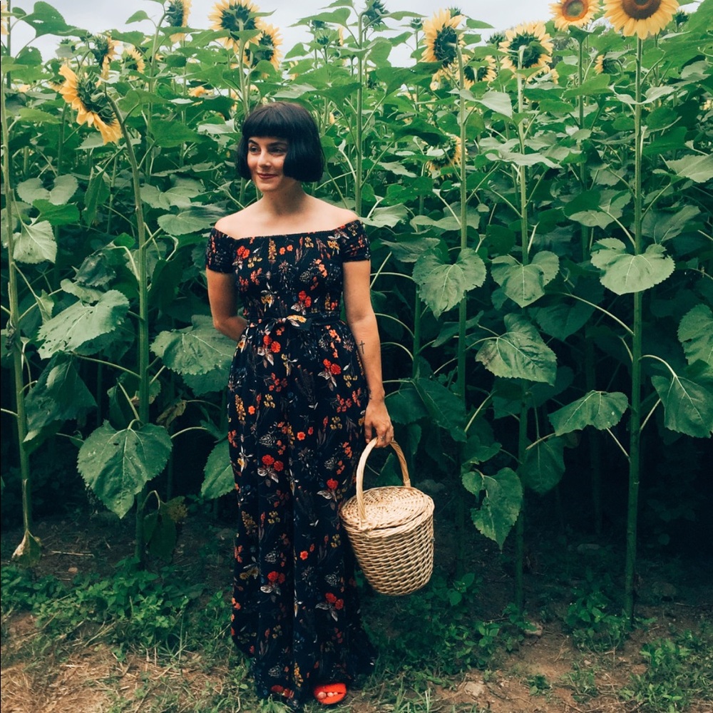 Black Floral Wide Leg Jumpsuit with pockets
